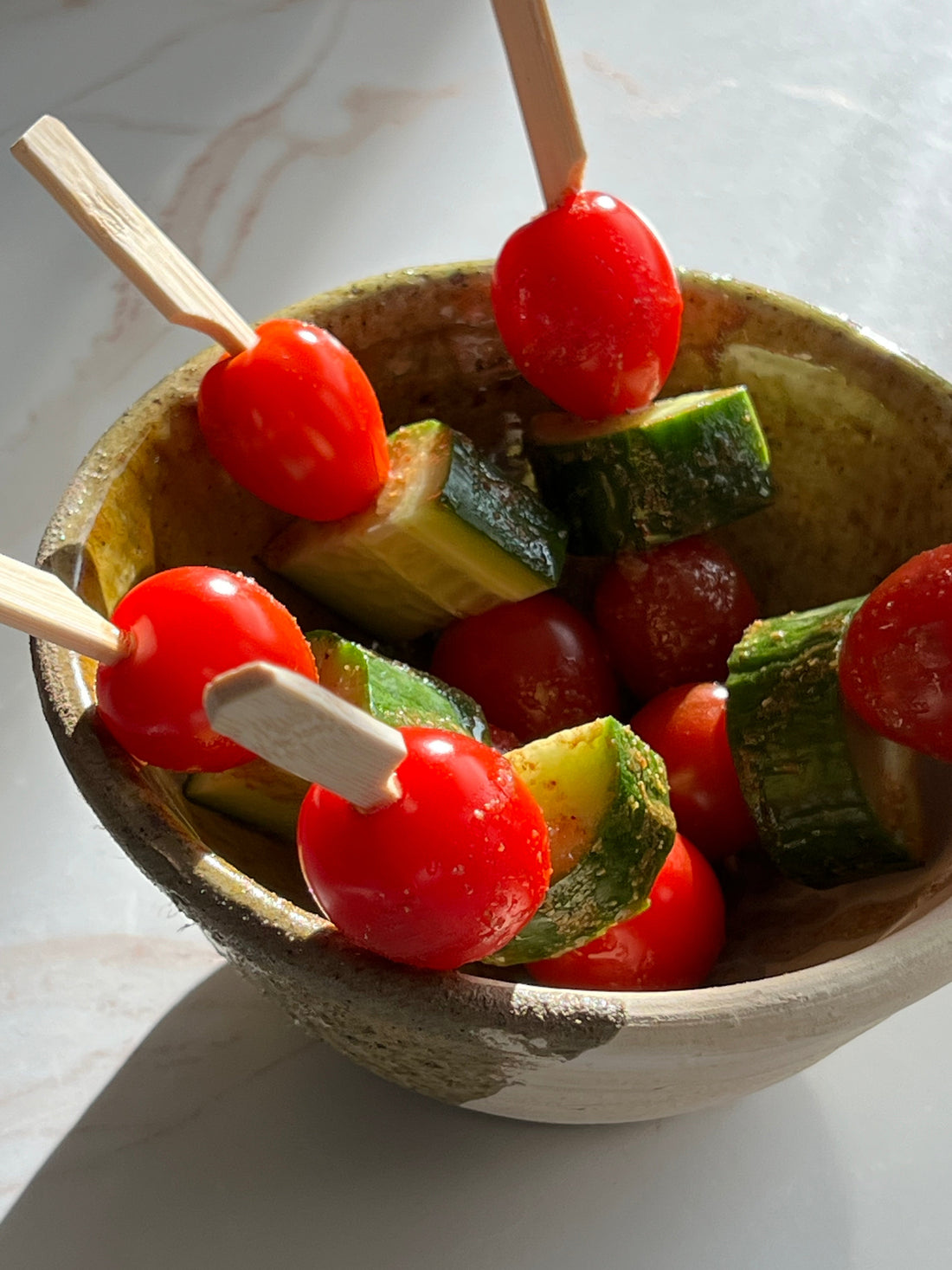 Tomato and Cucumber Salad Skewers with Kitchen Queen Masala